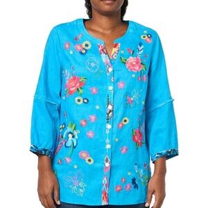 John Mark Embroidered Linen Blend Button Up Shirt Women's LP Bohemian Western